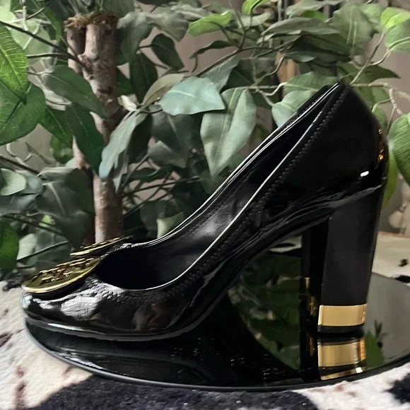 Tory Burch Black Heels with Gold Emblem - Picture 3 of 7